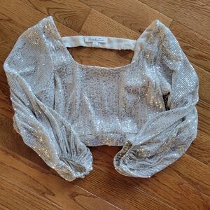 Vine & Love Silver Sequin Puff-Sleeve Crop Top